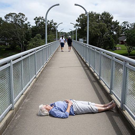 Photograph of an elderly white man with gray hair, lying on a concrete pedestrian bridge, wearing a blue shirt and white shorts, with two people walking