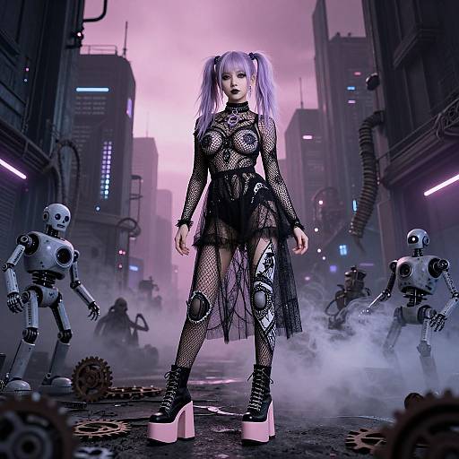 Digital art: Cyberpunk scene with gothic woman in fishnet dress, pink pigtails, platform heels, surrounded by robotic figures in a fog