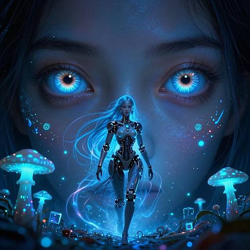 Digital artwork of a glowing blue-haired woman with a cybernetic body, standing in a forest of bioluminescent mushrooms, before a giant,
