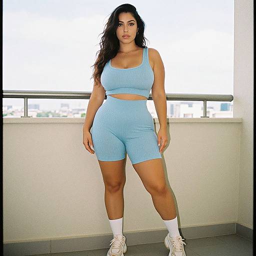 Photograph of a curvy woman with long dark hair, wearing a light blue sports bra and shorts, white socks, and white sneakers, standing confidently