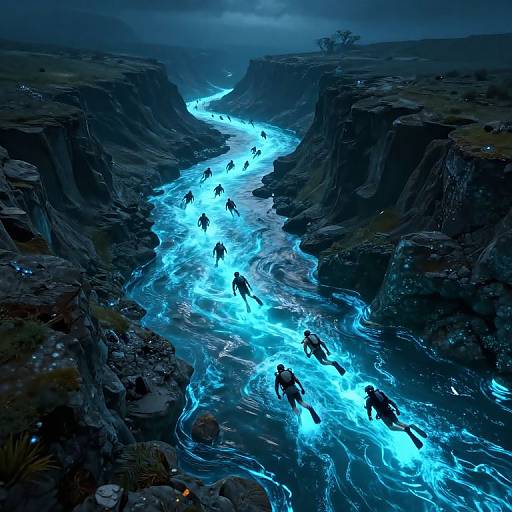 Digital artwork of glowing blue river with silhouetted figures wading through rocky canyon under a dark, stormy sky. Ethereal, luminous