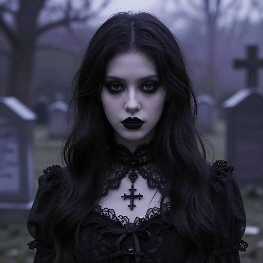 Gothic photograph of a pale woman with long black hair, dark lipstick, lace dress, and cross necklace, standing in a misty graveyard.