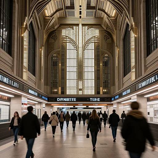 Photograph of a grand, brightly lit train station with arched ceilings, tall windows, and bustling crowds walking through. Store signs read 