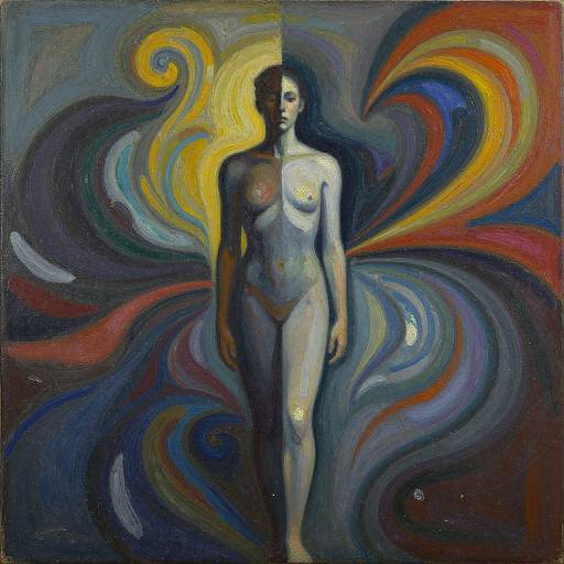Abstract painting of a nude woman with pale skin, small breasts, and dark hair, standing against swirling, colorful, psychedelic patterns.