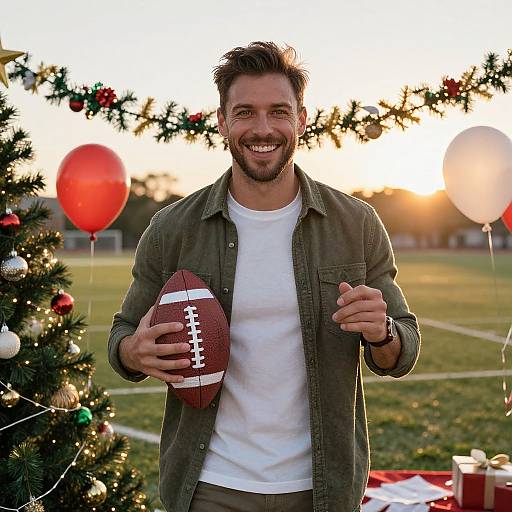 Photograph of smiling, bearded man in green shirt and white tee, holding football, standing in front of Christmas tree and balloons at sunset.
