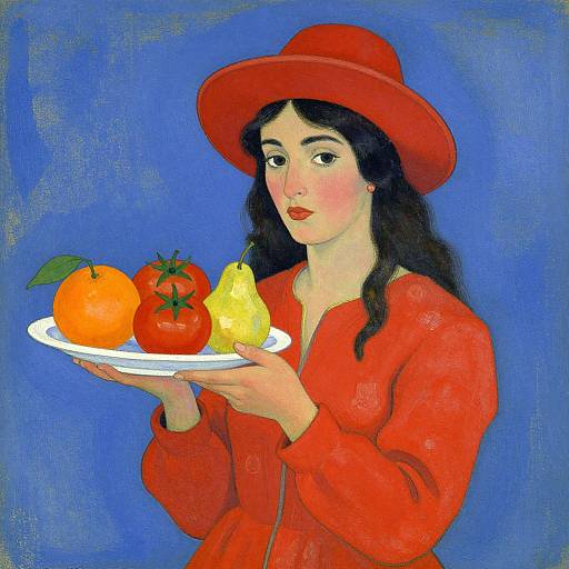 Painting of a fair-skinned woman with dark hair, wearing a red hat and jacket, holding a white plate with orange, tomato, and pear