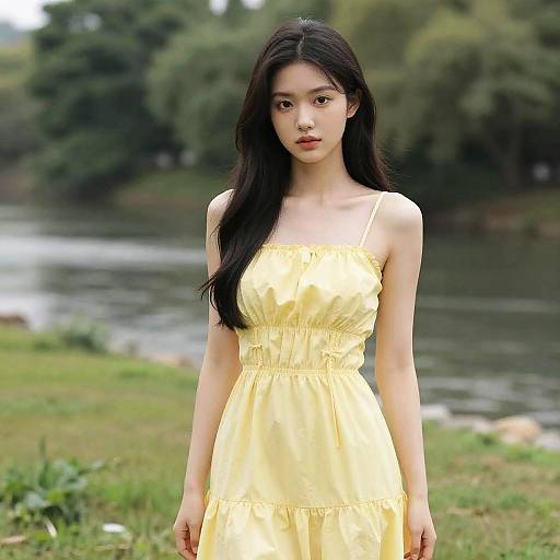 Photograph of an East Asian woman with long black hair, wearing a yellow sundress, standing by a riverside with green trees in the background.