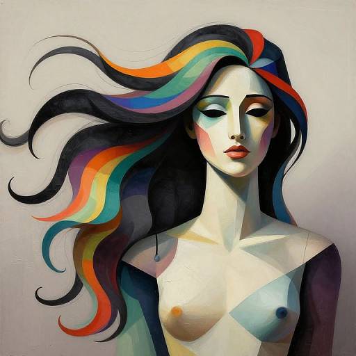 Digital portrait of a topless woman with flowing, multicolored hair (black, red, orange, blue) against a white background. Stylish