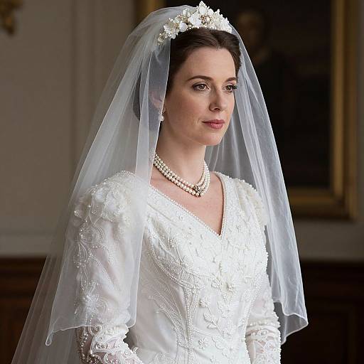 Photograph of a fair-skinned woman with dark hair, wearing a white lace wedding dress, veil, pearl necklace, and floral headpiece, standing