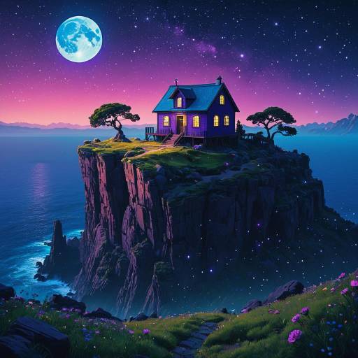 House on Cliff Under Blue Moon