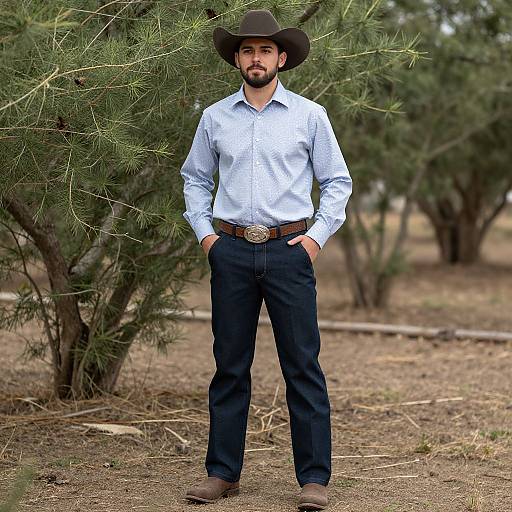 Photograph of a bearded man in a black cowboy hat, light blue shirt, dark pants, brown belt with large buckle, standing confidently with hands
