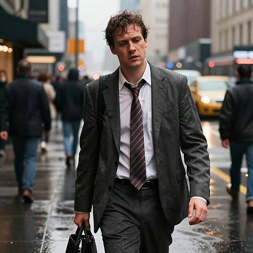 Weary Businessman in Rain-Soaked City