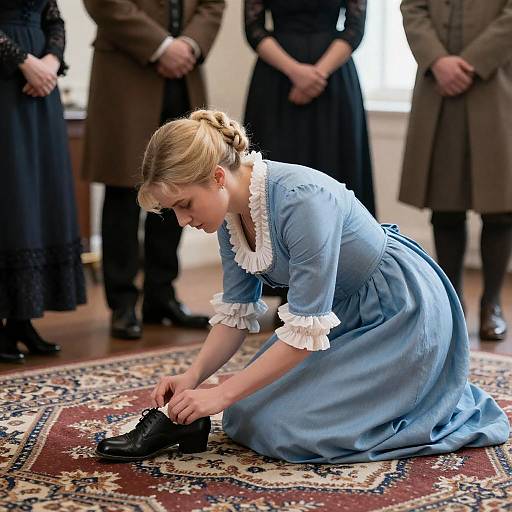 Victorian Woman Cleaning Shoe on Rug