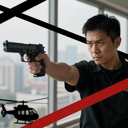 Intense Asian Man with Handgun in City