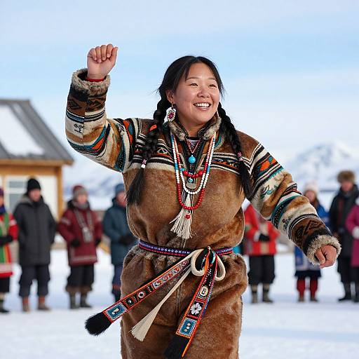 Photograph of a smiling Indigenous woman with long black hair, wearing traditional brown fur robe with colorful patterns, raising her right hand, standing in snowy outdoor
