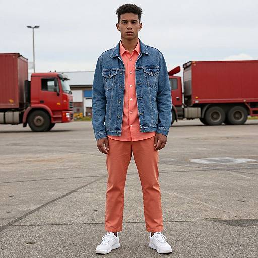 Photograph of a young Black man with short curly hair, wearing a denim jacket, orange shirt, and pants, standing in an industrial parking lot with