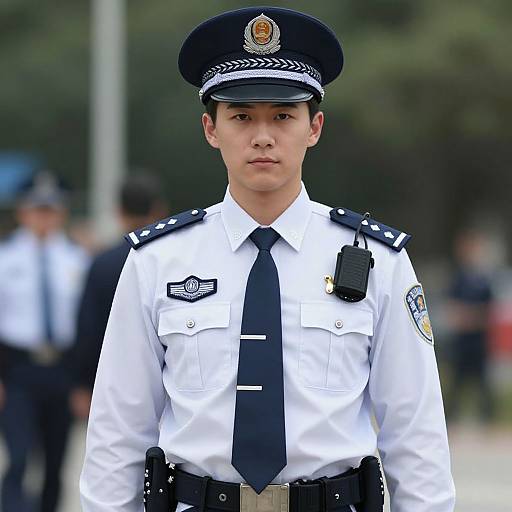 Photograph of a young Asian male police officer in a white uniform, black tie, and cap, standing outdoors with a serious expression. Background shows blurred