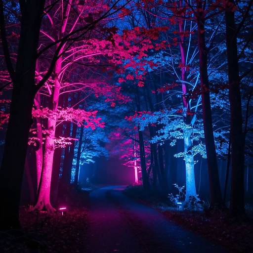 Neon-Lit Trees in Misty Forest