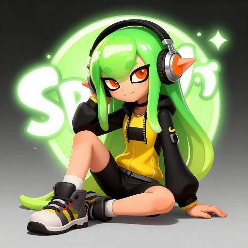 Digital anime-style drawing of a green-haired, orange-eyed character with elf ears, wearing a yellow and black hoodie, headphones, shorts, and sneakers,