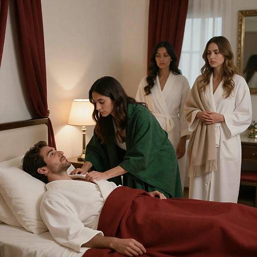 Woman Caring for Man in Bed in Cozy Bedroom