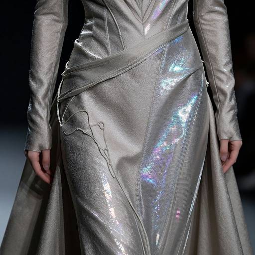 Photograph of a model's lower torso in a shimmering, metallic silver dress with iridescent accents and long sleeves, on a dark runway.