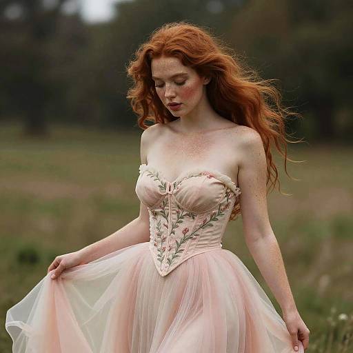 Photograph of a fair-skinned redhead woman with freckles, wearing a strapless, pink, floral-embellished ball gown, standing