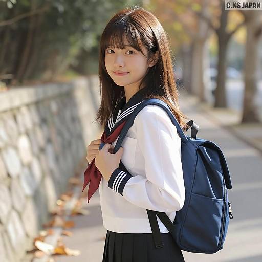 Cheerful Japanese Schoolgirl in Autumn