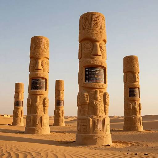 Photograph of five tall, intricately carved, cylindrical stone pillars in a desert, each featuring face and geometric patterns, with a clear blue sky and
