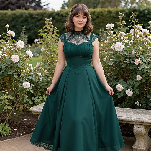 Photograph of a brunette woman in a dark green, lace-trimmed, sleeveless gown, standing in a rose garden, holding her skirt,
