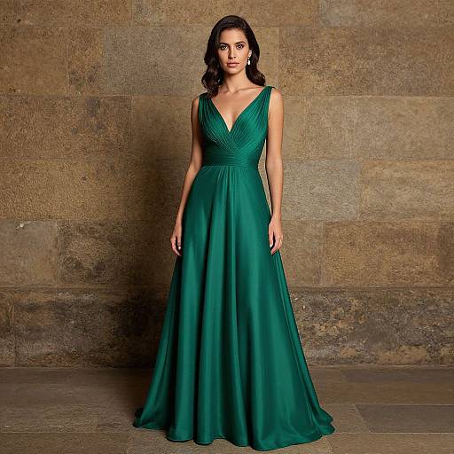 Photograph of a dark-haired woman in a deep emerald green, sleeveless, V-neck, floor-length gown, standing against a rustic, brown