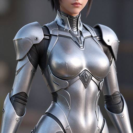 Photorealistic CGI of a woman in sleek, silver metallic armor with black accents, highlighting her chest and shoulder plates, with short black hair, partially
