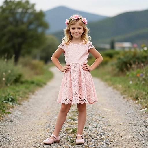 Photograph of a smiling blonde girl with a flower crown, wearing a pink lace dress and matching shoes, standing on a gravel road with mountains in the