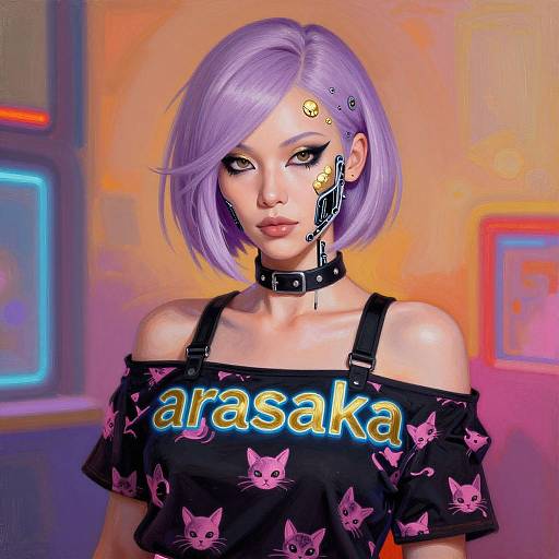 Digital art of a purple-haired woman with cyberpunk makeup, black off-shoulder cat-print top, 