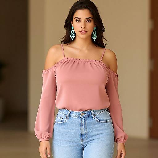 Photograph of a young woman with dark hair, wearing a pink off-shoulder top, high-waisted blue jeans, and turquoise dangling earrings