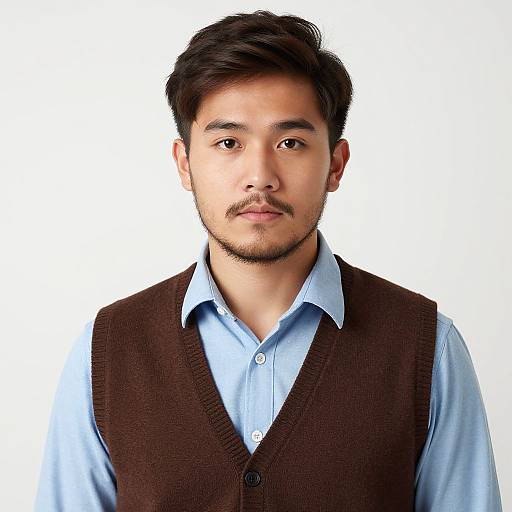 Photograph of a young Asian man with short black hair, light brown skin, and a trimmed beard, wearing a light blue shirt and brown knitted