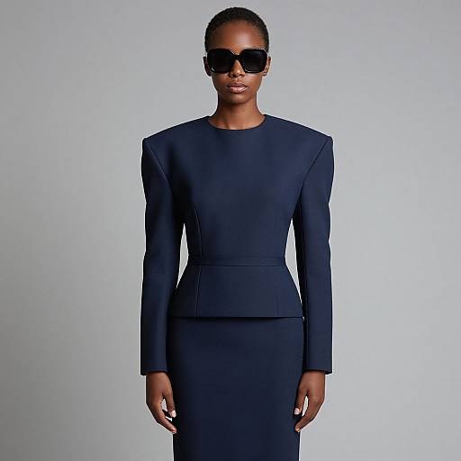 Photograph of a confident Black woman in a sleek, navy blue, long-sleeve, high-neck dress, standing against a plain white background,