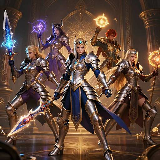 Digital artwork of five armored, fantasy warriors with glowing magical weapons in an ornate, dark, gothic cathedral, each wielding different elemental spells.