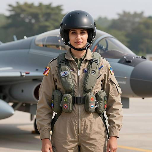 Female Fighter Pilot in Flight Suit Standing by Military Jet