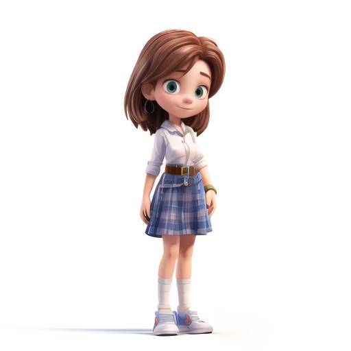 3D Cartoon Girl with Brown Hair in Plaid Skirt