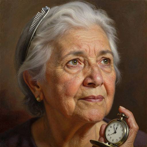 Photograph of an elderly white woman with white hair, wearing a headband, holding a pocket watch, looking upwards with a gentle smile.