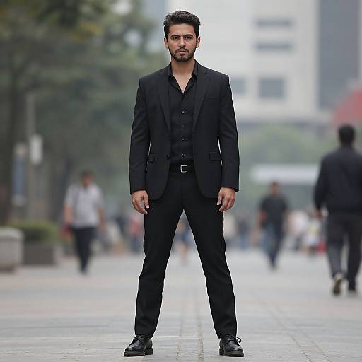 Photograph of a handsome, bearded man in a black suit and open shirt standing confidently on a blurred urban street.