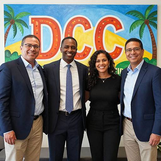 Photograph of four smiling professionals in business attire standing in front of a colorful 