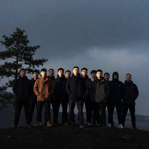 Group of Men Standing on Hilltop in Cold Weather
