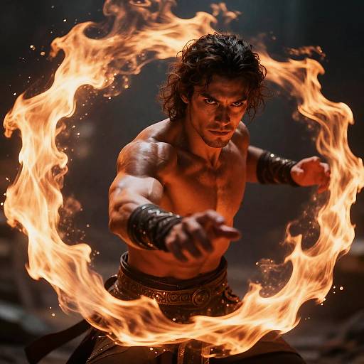 Photograph of a muscular, shirtless man with dark hair, surrounded by fiery flames, extending his fist forward, intense expression, dark background.
