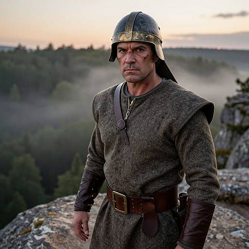 Rugged Warrior at Misty Cliff Sunset