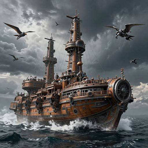 Photorealistic digital art of a majestic, weathered wooden steamship with two towering masts, flying birds, and turbulent ocean waves under a storm