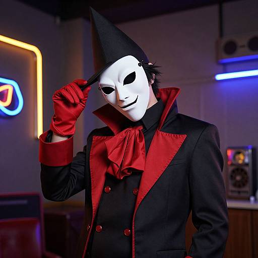 Photograph of a person in a black and red formal outfit, white mask with black smile, and pointed hat, touching hat in a dimly lit