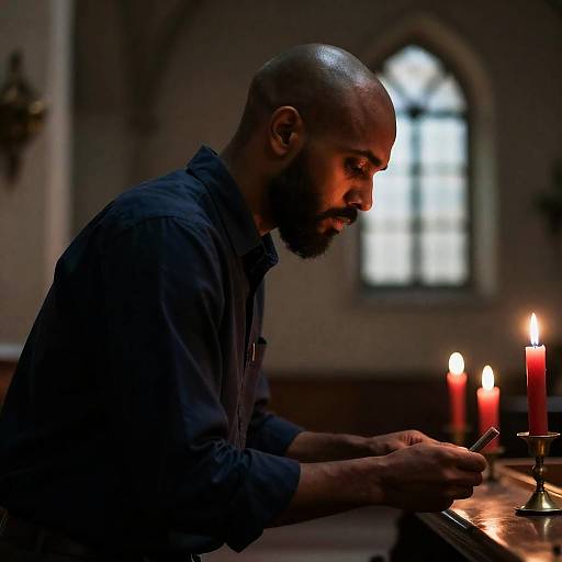 Intense Profile in Dimly Lit Church