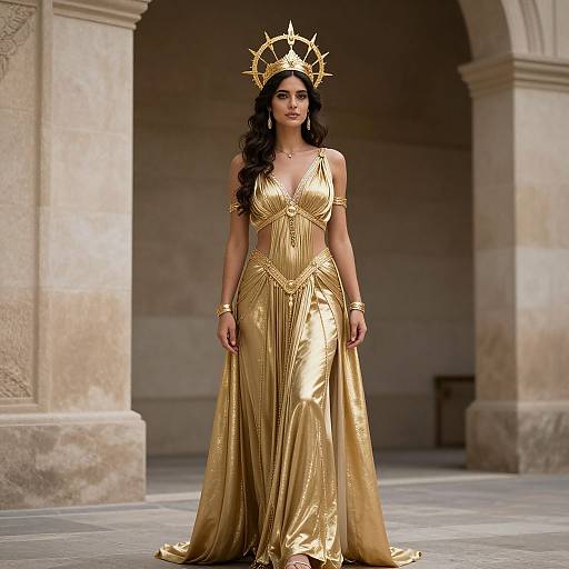 Photograph of a dark-haired woman in a golden, floor-length, V-neck gown with intricate details, wearing a crown, standing in a stone arch