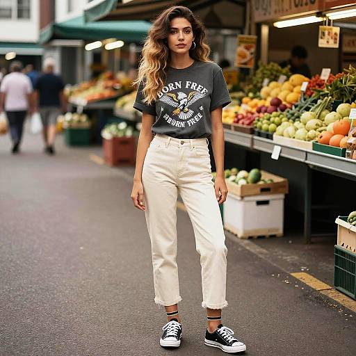 Photograph of a young woman with wavy brown hair, wearing a black graphic tee, white high-waisted pants, and black sneakers, standing